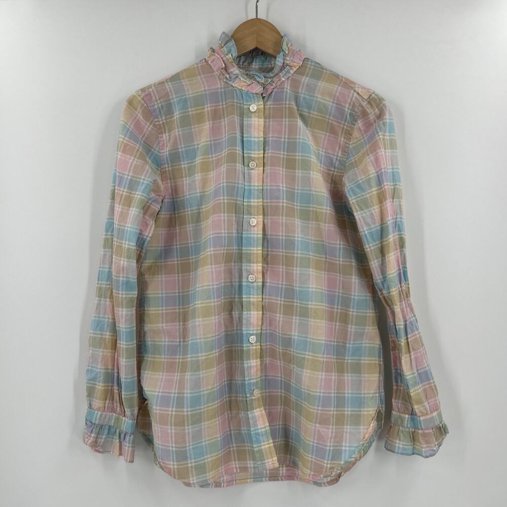 J. Crew Shirt Women Size 0 Cotton Silk Voile Ruffleneck Pastel Plaid Cottagecore
